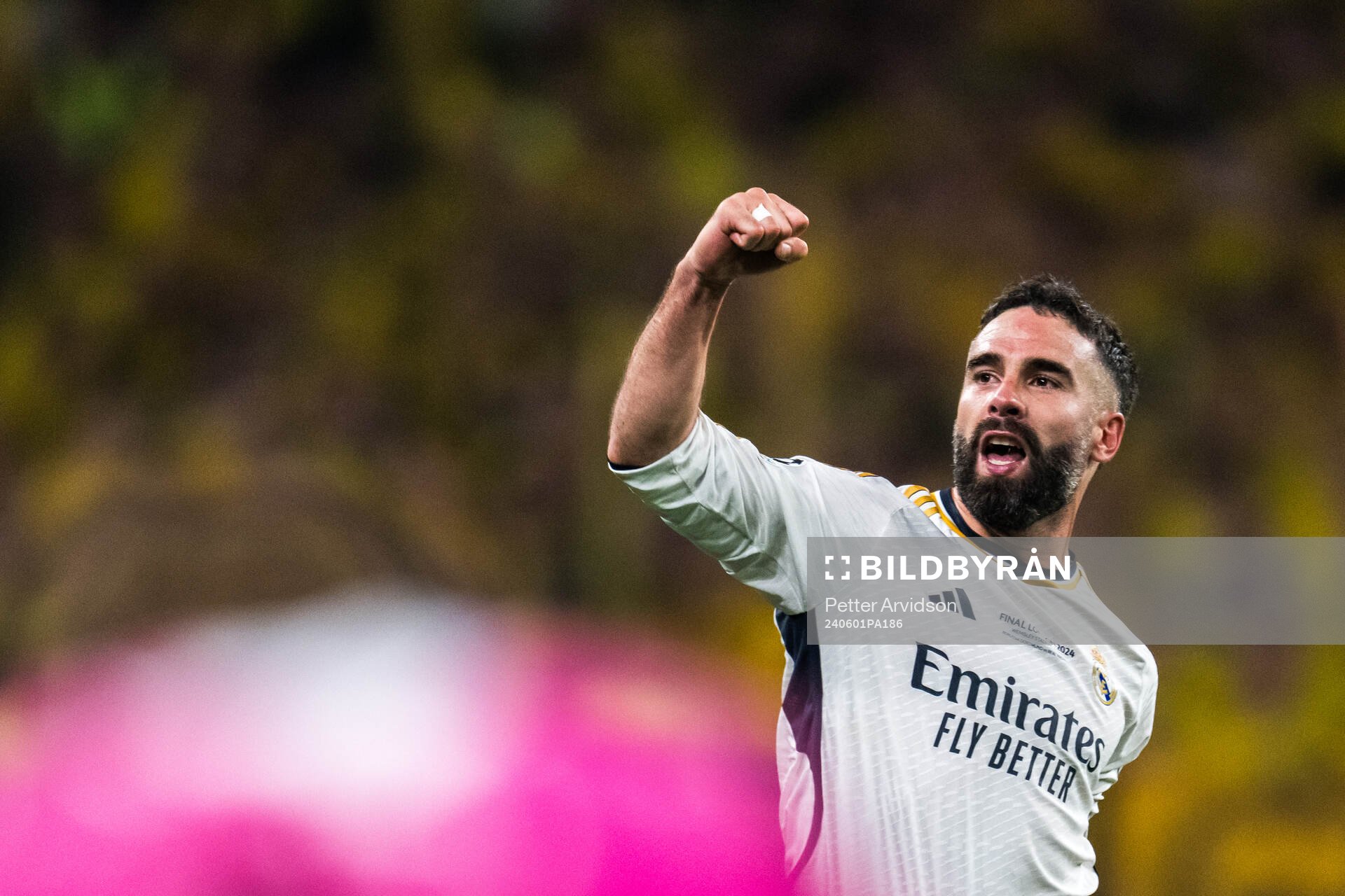 Dani Carvajal of Real Madrid celebrates after scoring the 0-1 goal during the UEFA Champions League final between Dortmund and Real Madrid on June 1, 2024 in London.