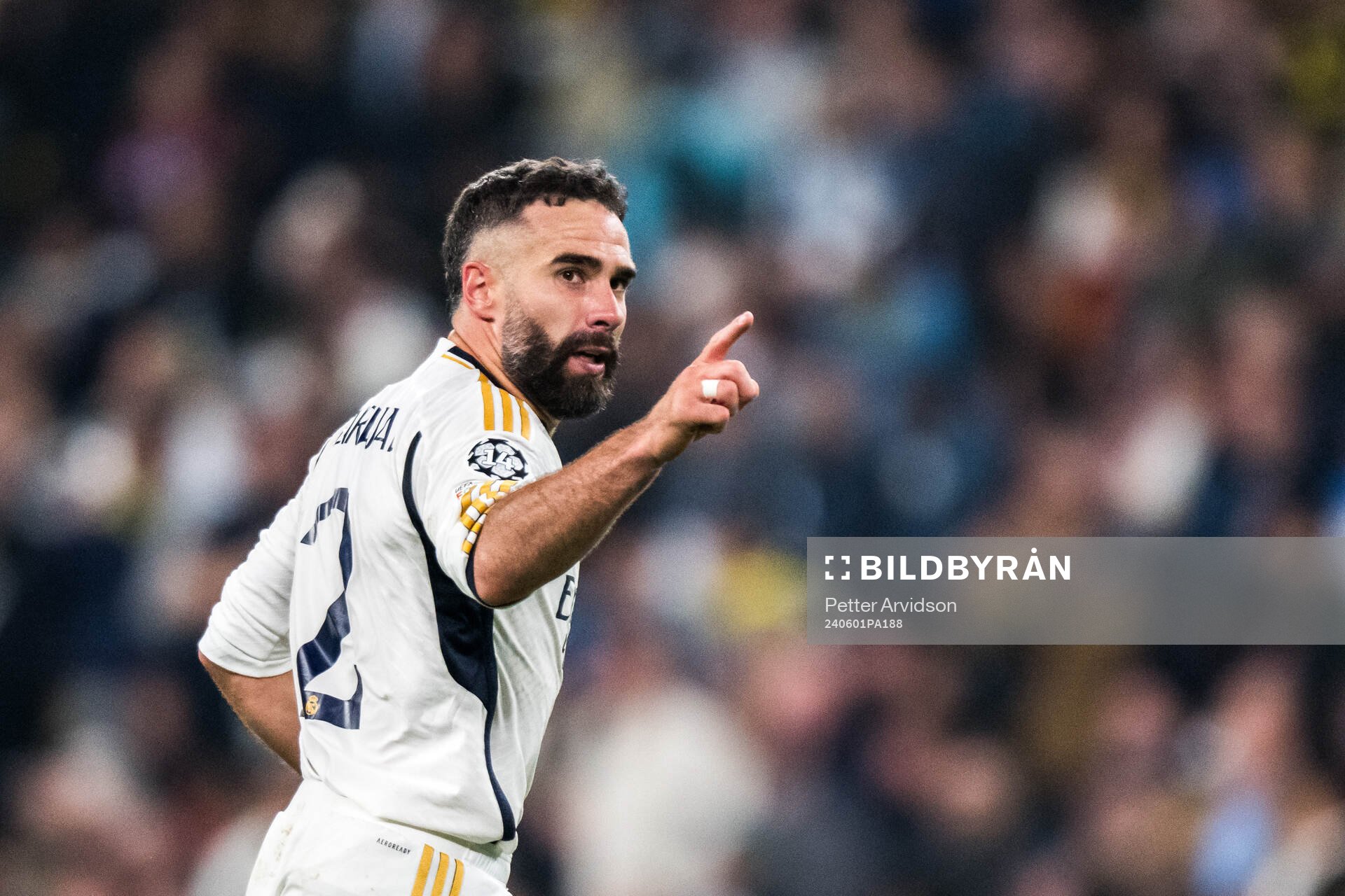 Dani Carvajal of Real Madrid celebrates after scoring the 0-1 goal during the UEFA Champions League final between Dortmund and Real Madrid on June 1, 2024 in London.