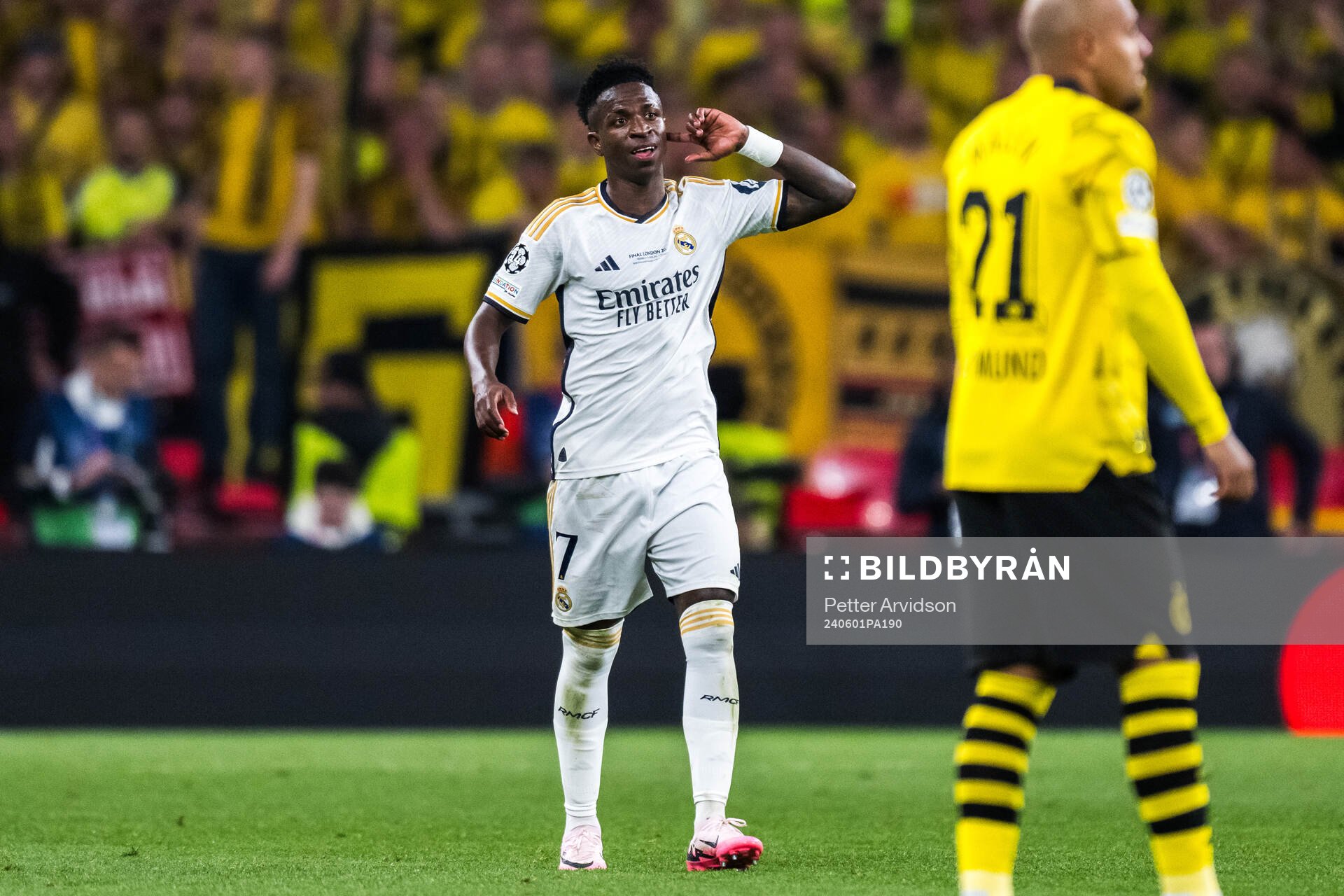 Vinicius Junior of Real Madrid celebrates after scoring the 0-2 goal during the UEFA Champions League final between Dortmund and Real Madrid on June 1, 2024 in London.