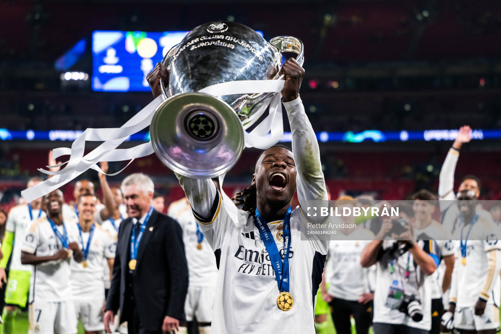 Eduardo Camavinga of Real Madrid celebrates after the UEFA Champions League final between Dortmund and Real Madrid on June 1, 2024 in London.