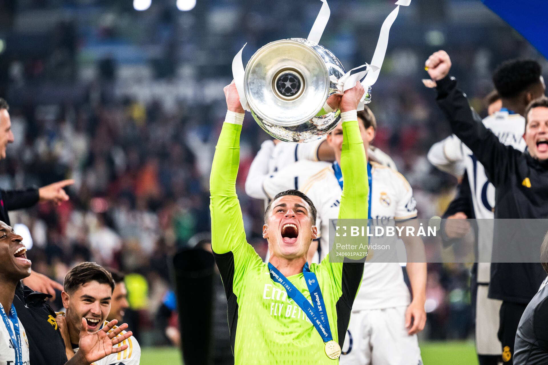 Goalkeeper Kepa Arrizabalaga Real Madrid celebrates after the UEFA Champions League final between Dortmund and Real Madrid on June 1, 2024 in London. 