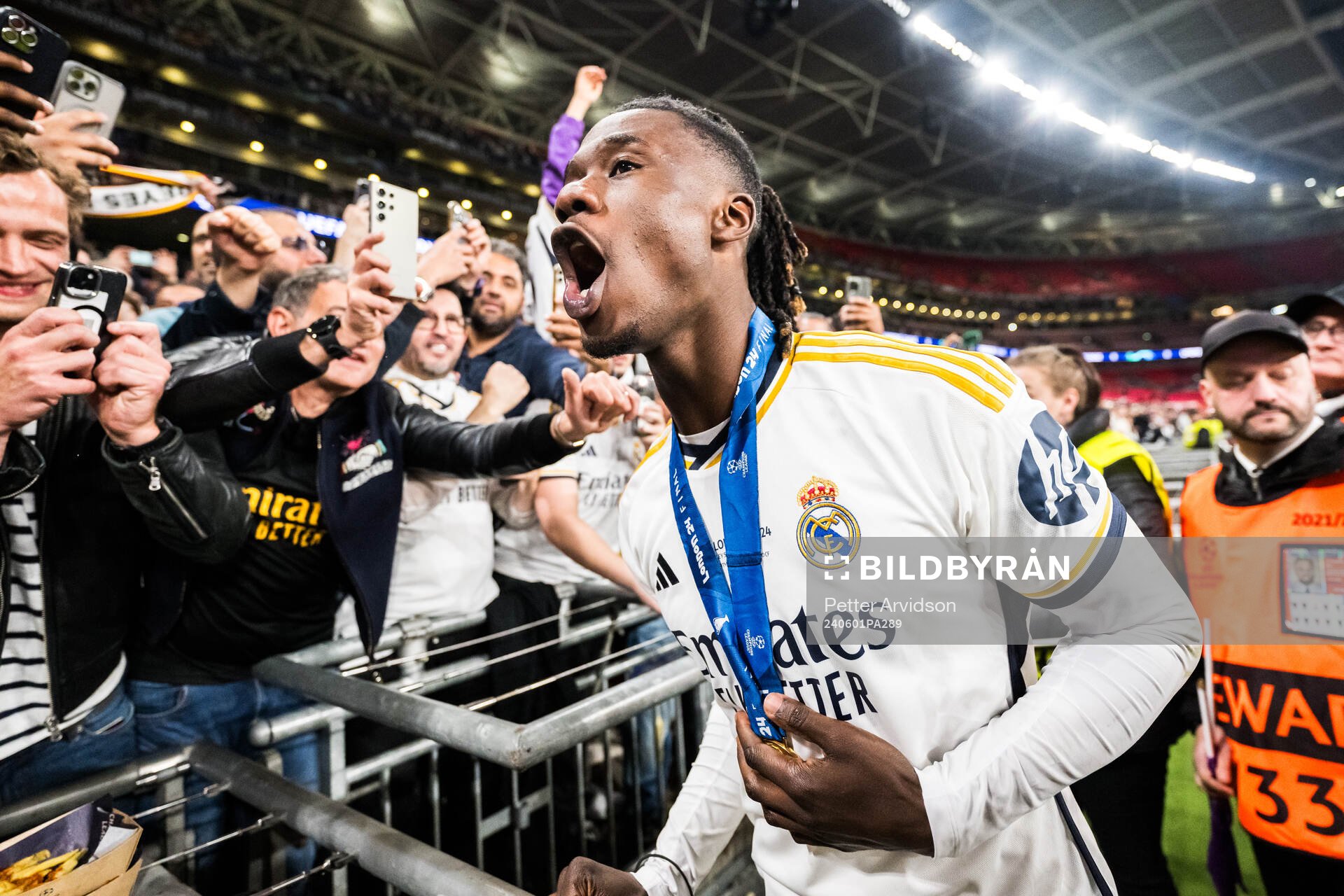 Eduardo Camavinga of Real Madrid celebrates after the UEFA Champions League final between Dortmund and Real Madrid on June 1, 2024 in London.