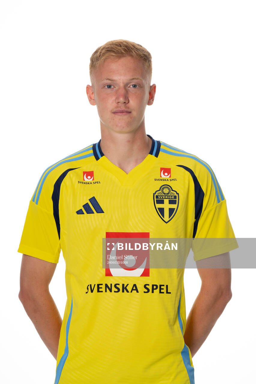 Hugo Larsson of the Swedish national football team poses
