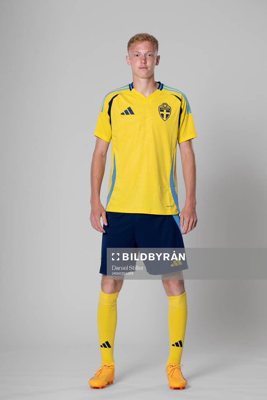 Hugo Larsson of the Swedish national football team poses