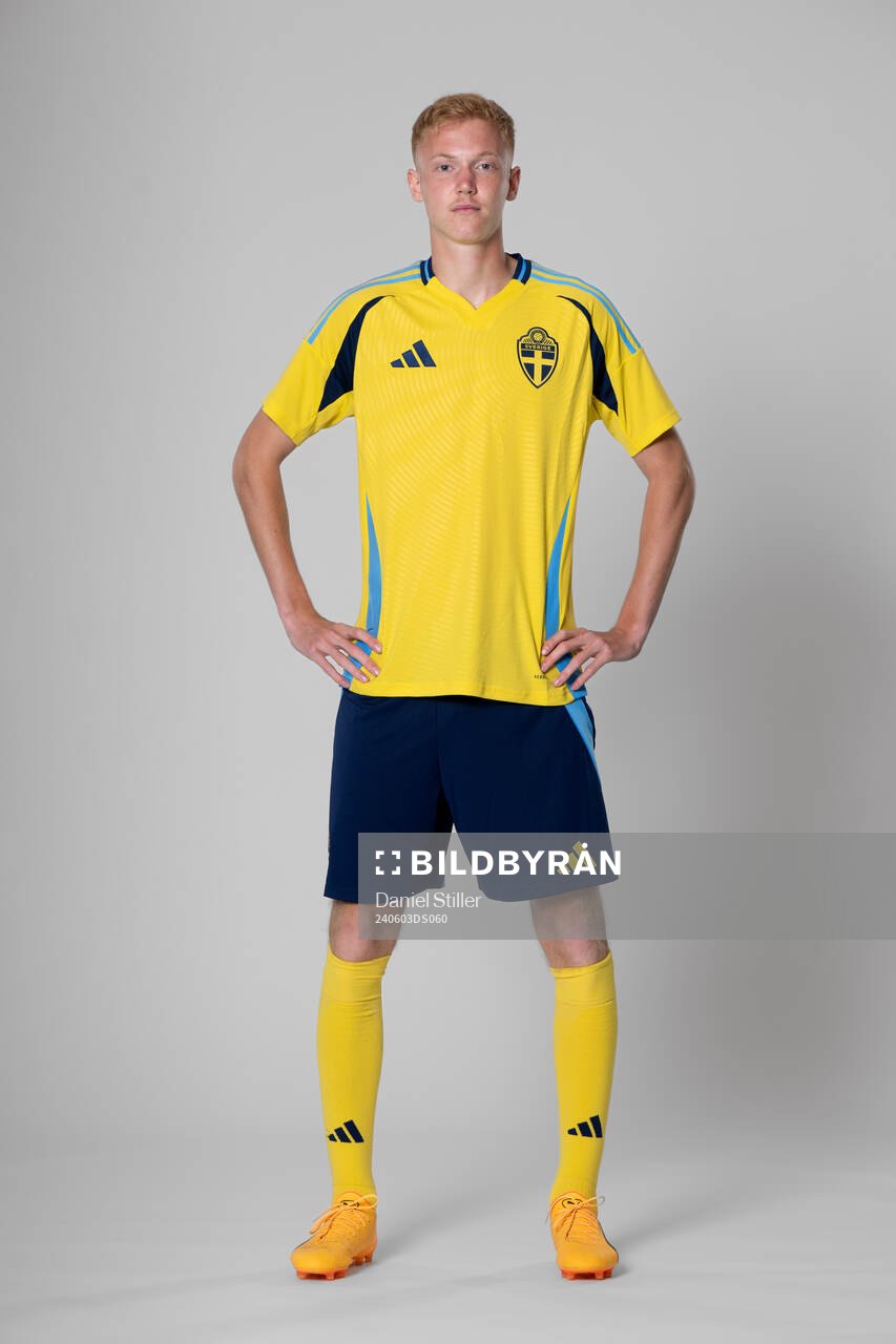 Hugo Larsson of the Swedish national football team poses