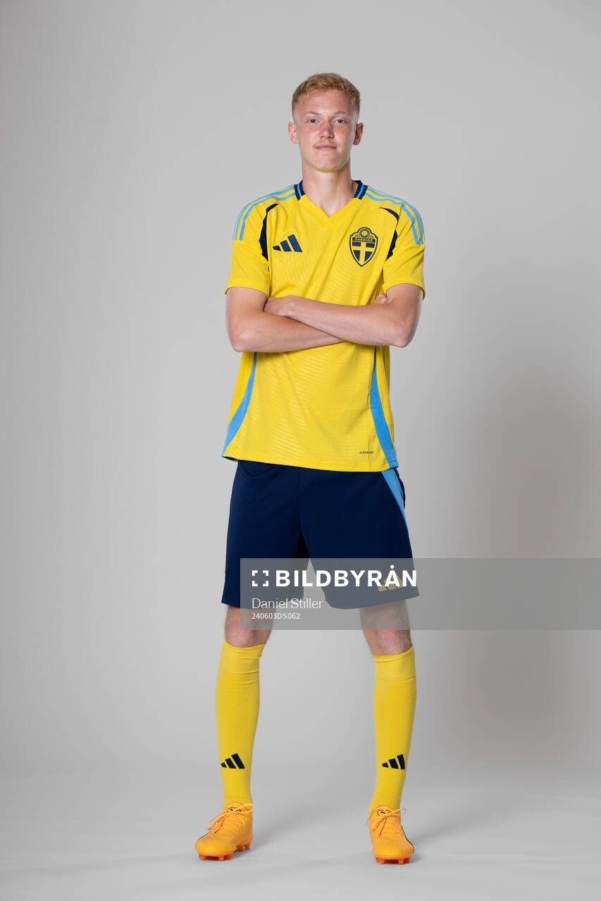 Hugo Larsson of the Swedish national football team poses