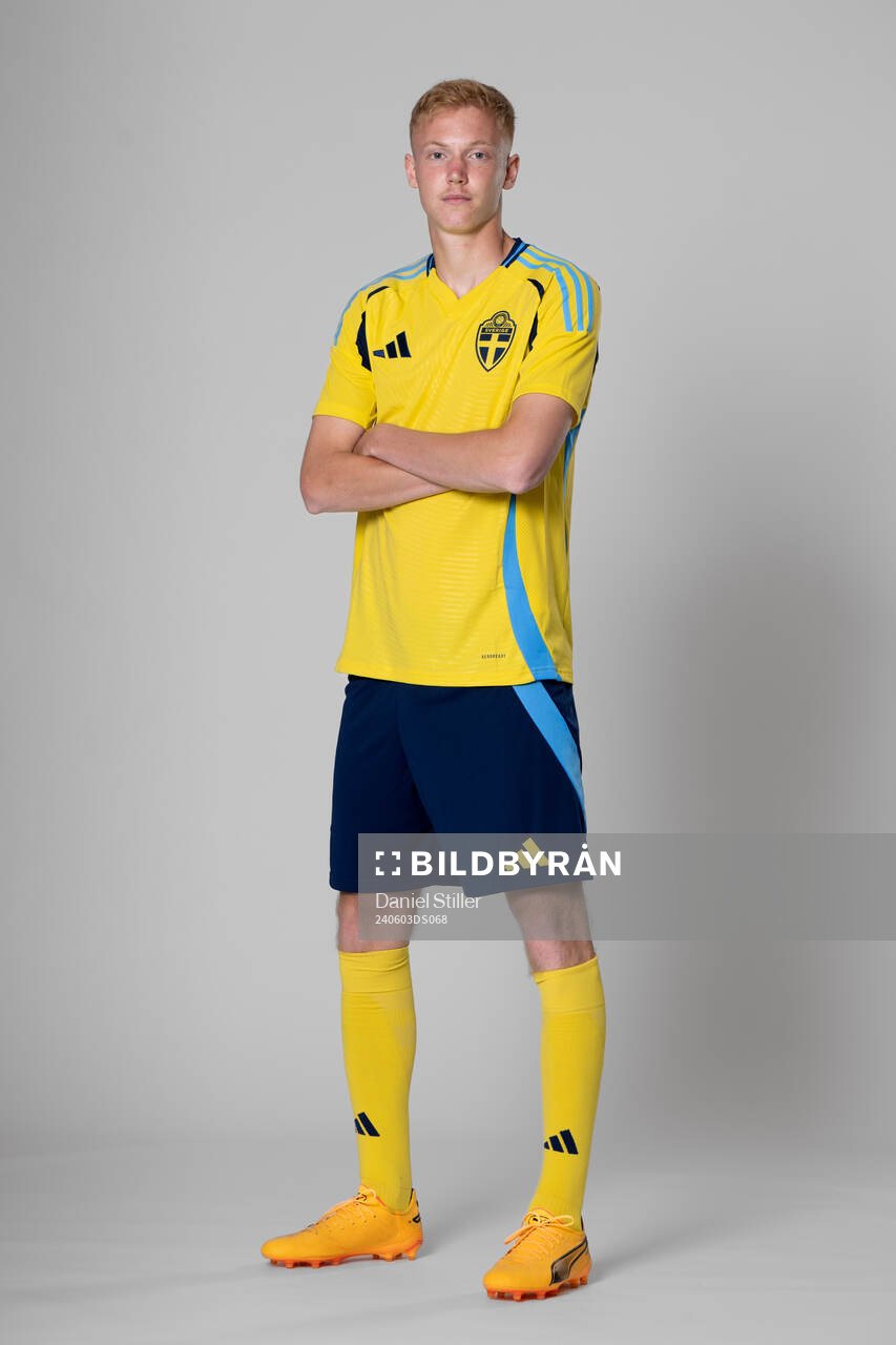 Hugo Larsson of the Swedish national football team poses