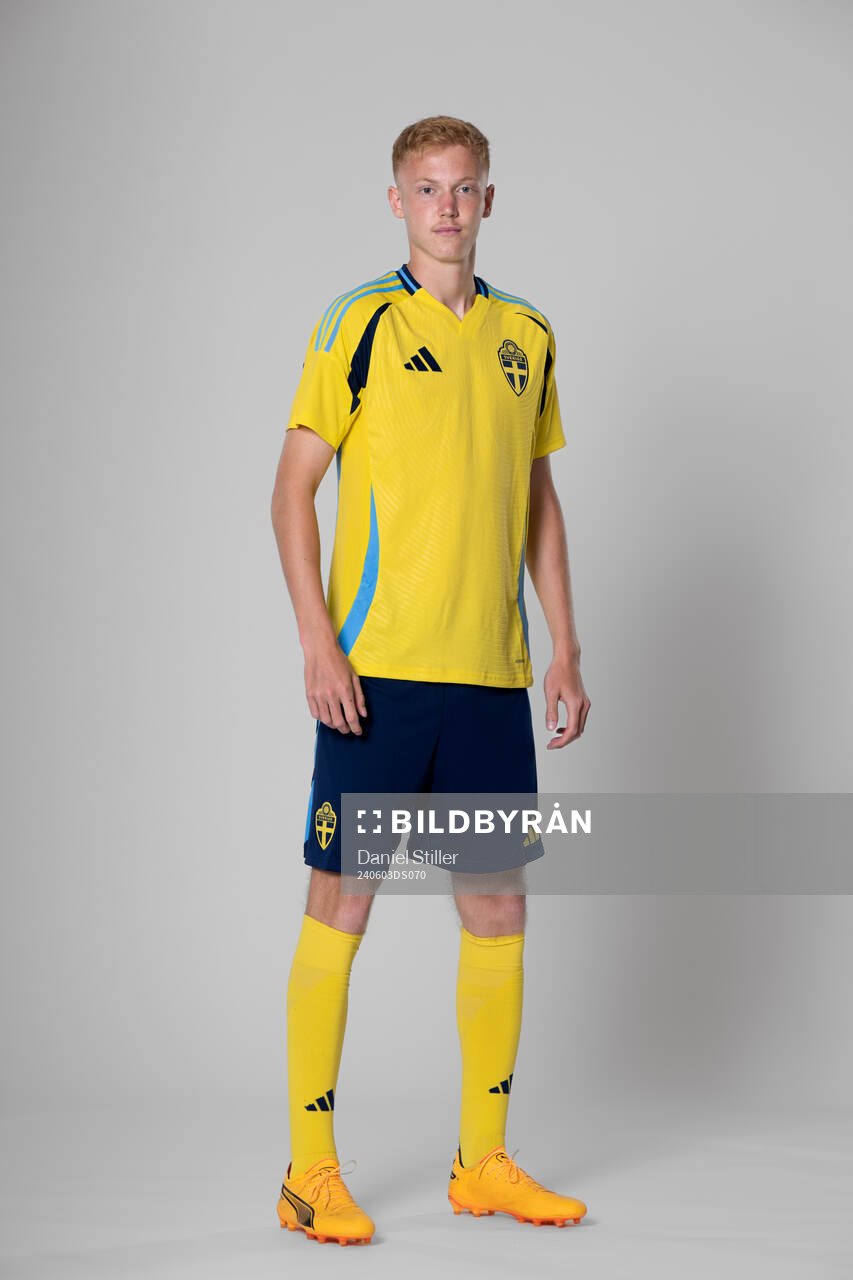 Hugo Larsson of the Swedish national football team poses