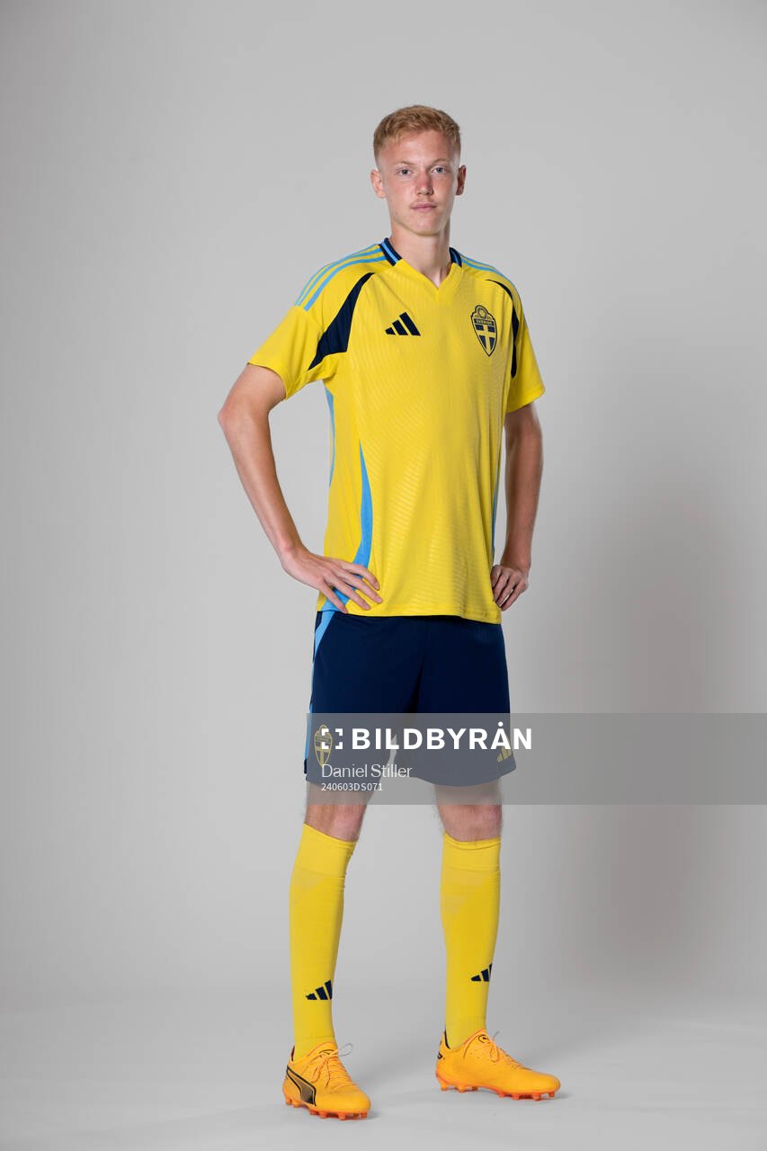 Hugo Larsson of the Swedish national football team poses