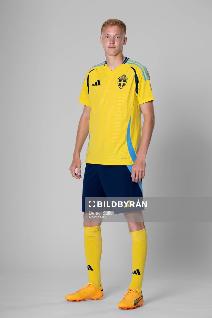 Hugo Larsson of the Swedish national football team poses
