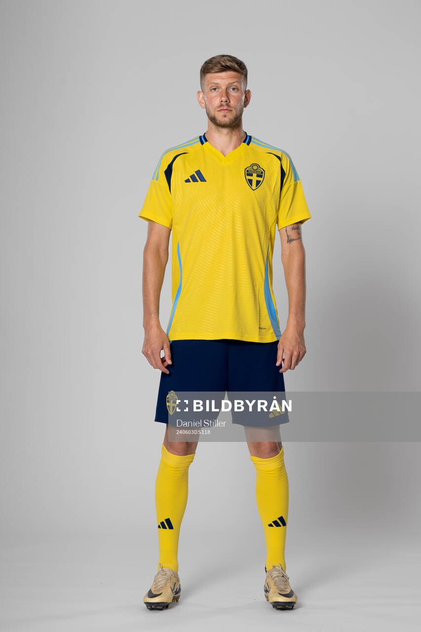 Anton Saletros of the Swedish national football team poses