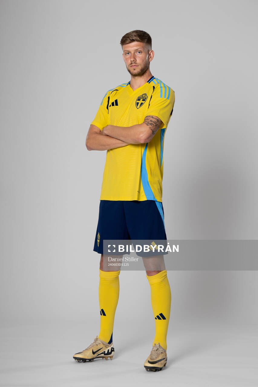 Anton Saletros of the Swedish national football team poses