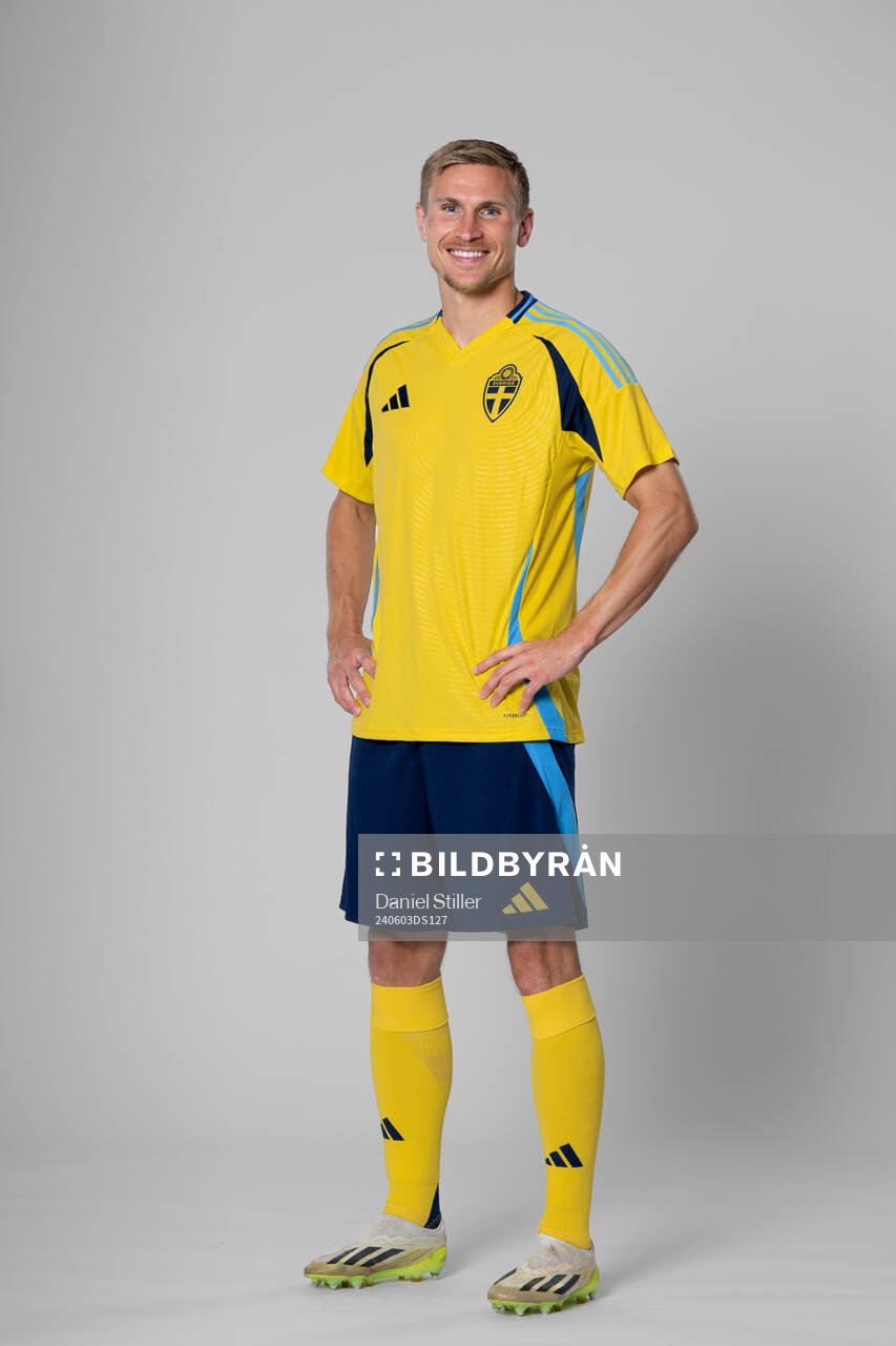Carl Starfelt of the Swedish national football team poses