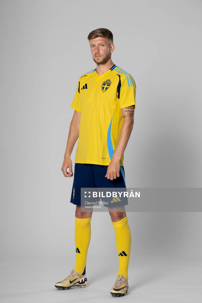 Anton Saletros of the Swedish national football team poses