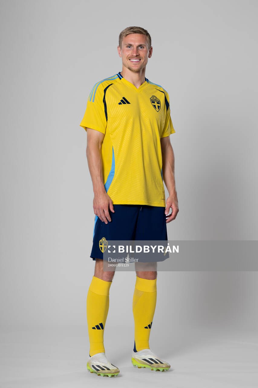 Carl Starfelt of the Swedish national football team poses
