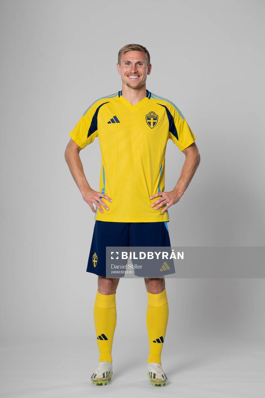 Carl Starfelt of the Swedish national football team poses