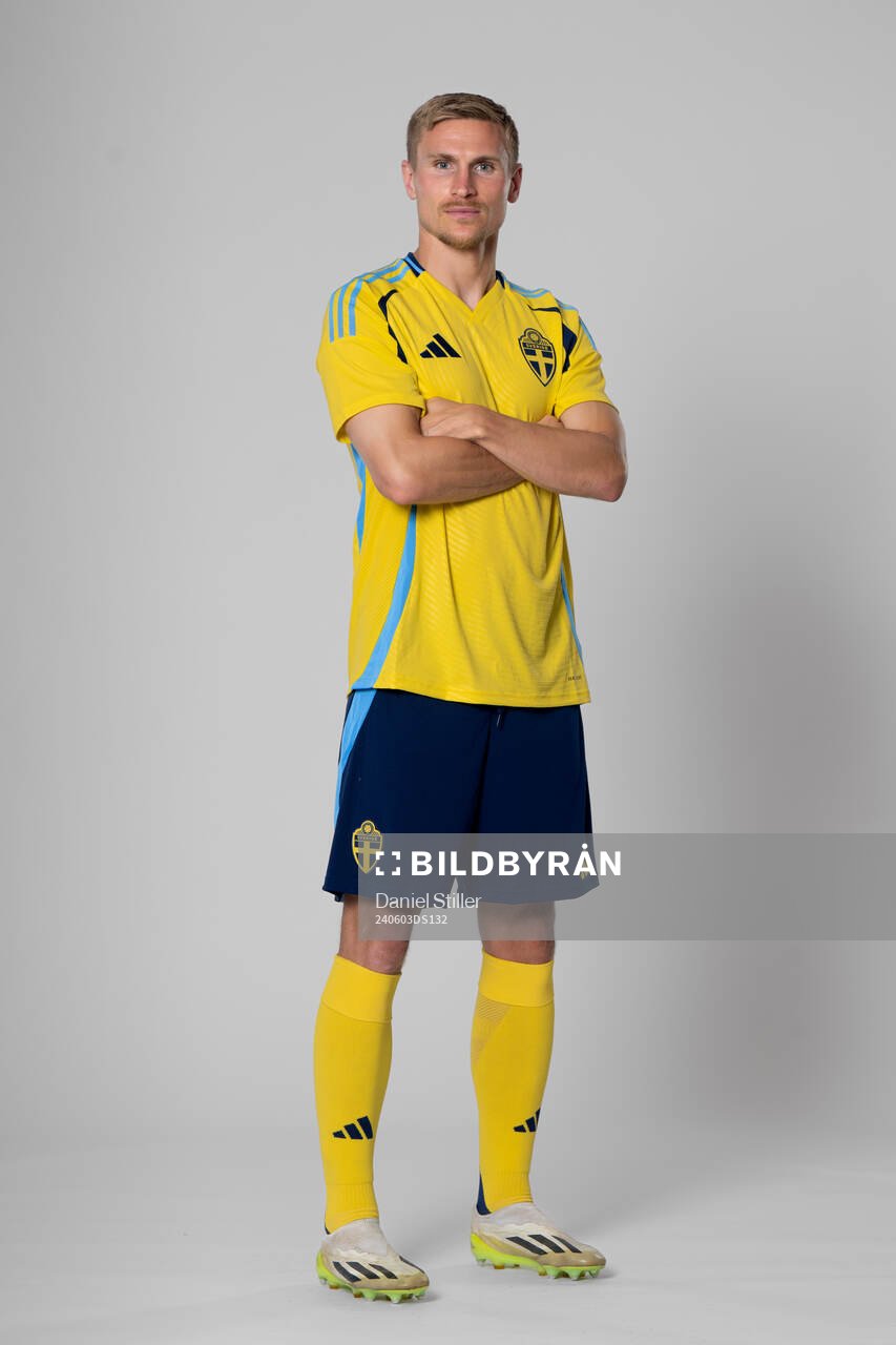 Carl Starfelt of the Swedish national football team poses