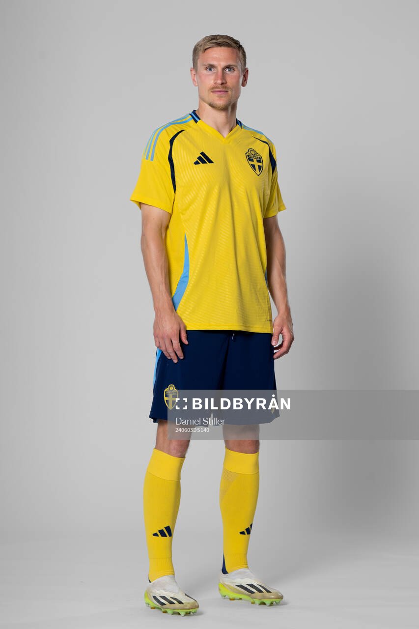 Carl Starfelt of the Swedish national football team poses