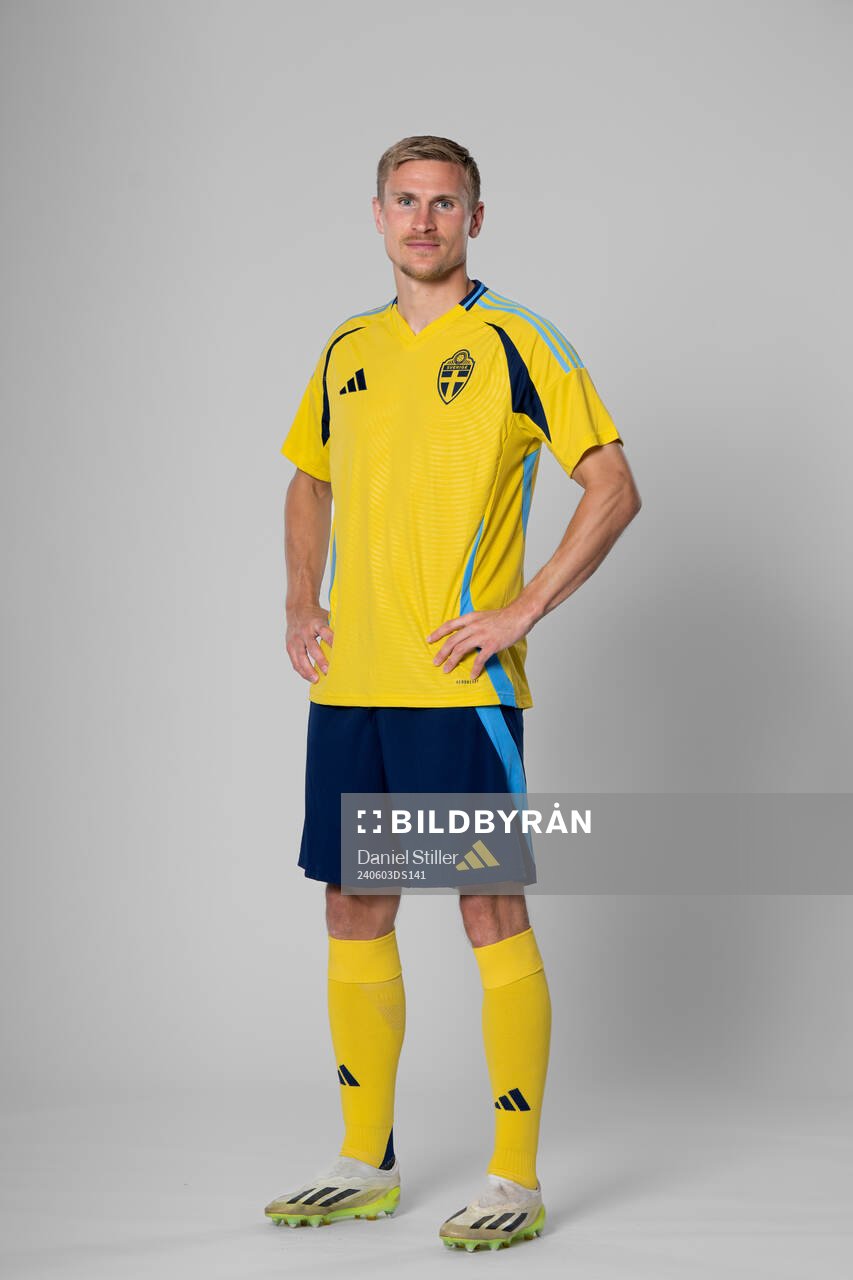 Carl Starfelt of the Swedish national football team poses