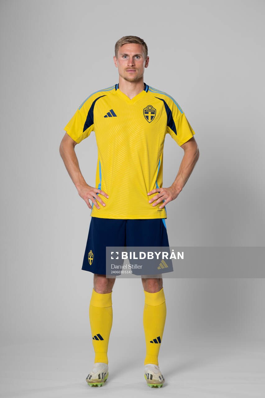 Carl Starfelt of the Swedish national football team poses