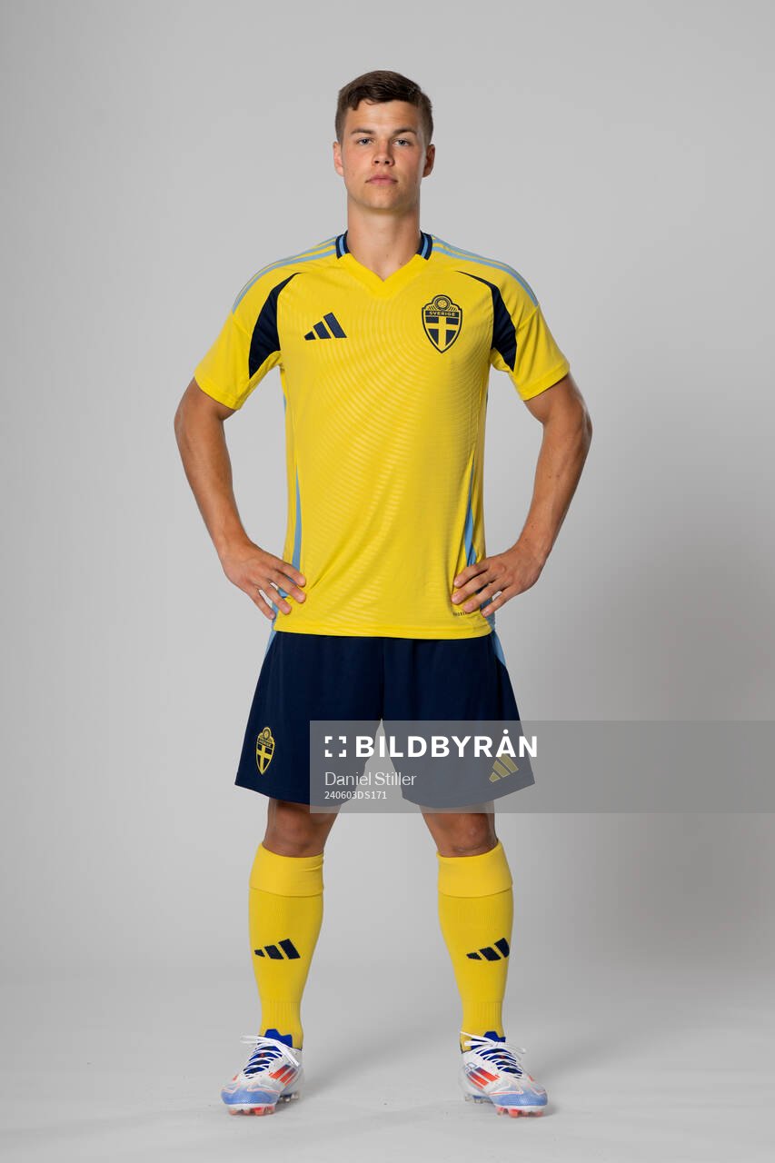 Samuel Dahl of the Swedish national football team poses for