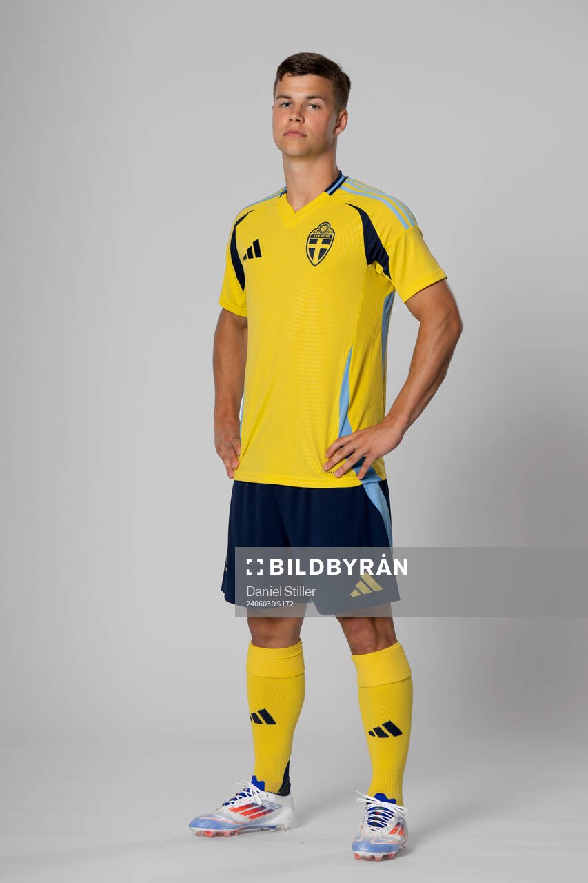 Samuel Dahl of the Swedish national football team poses for