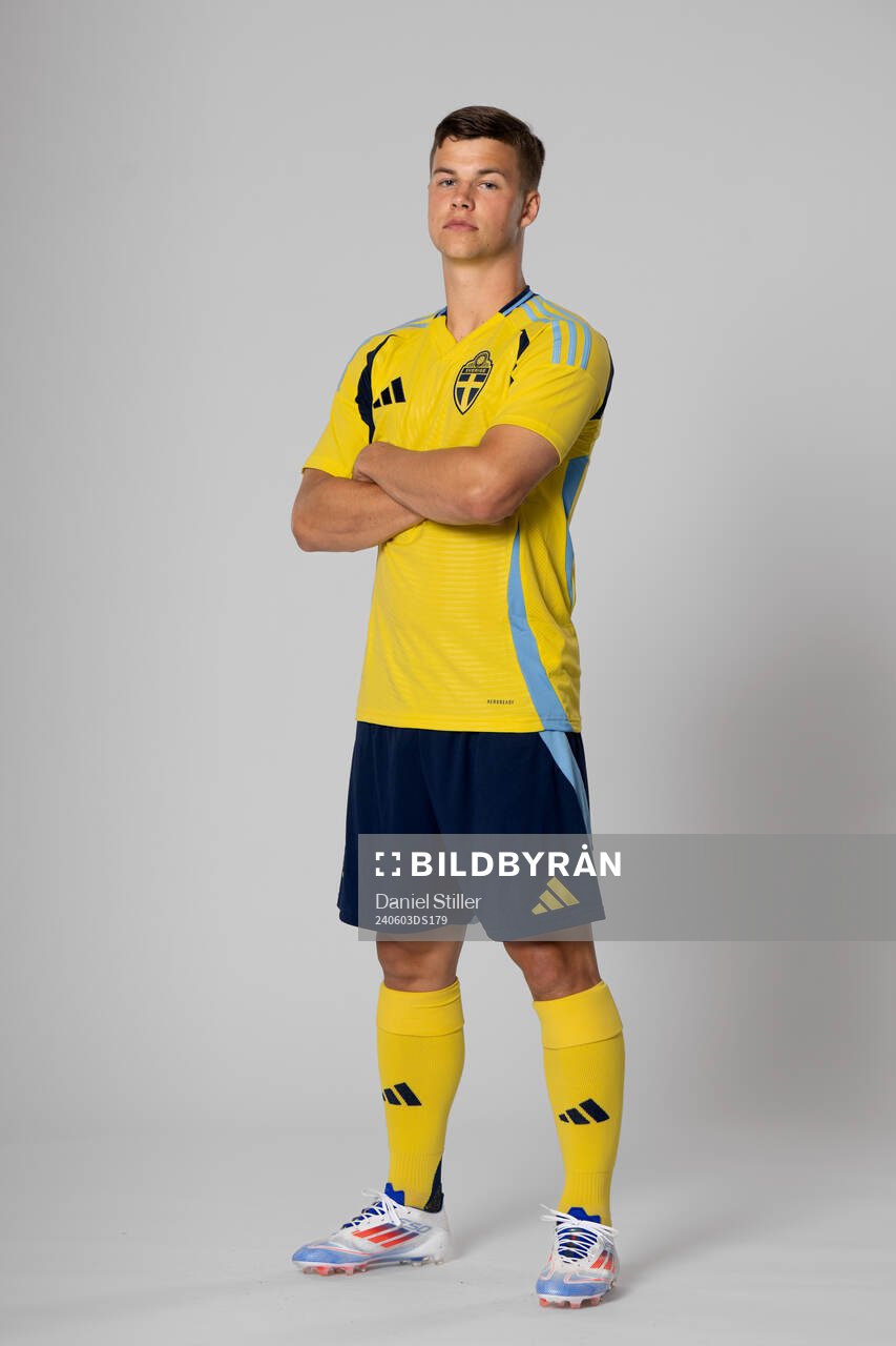 Samuel Dahl of the Swedish national football team poses for