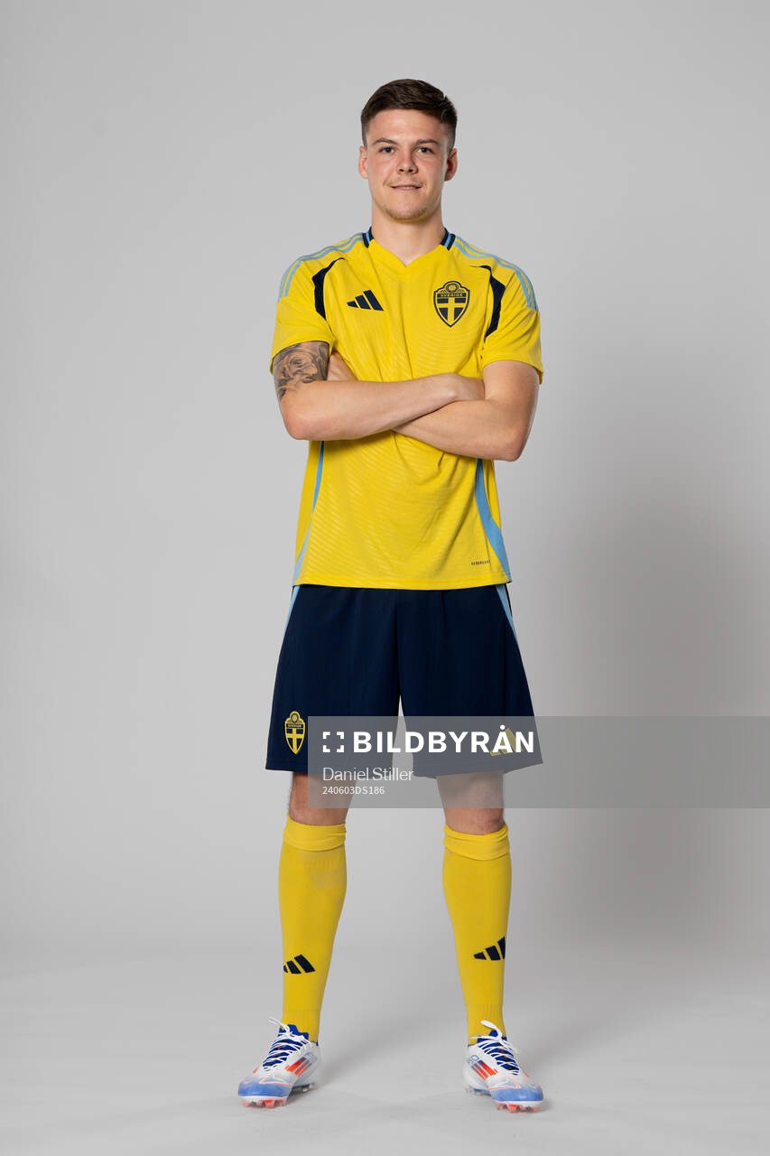 Emil Holm of the Swedish national football team poses for a