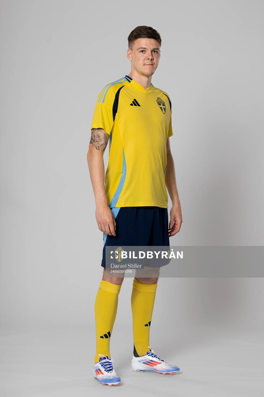 Emil Holm of the Swedish national football team poses for a