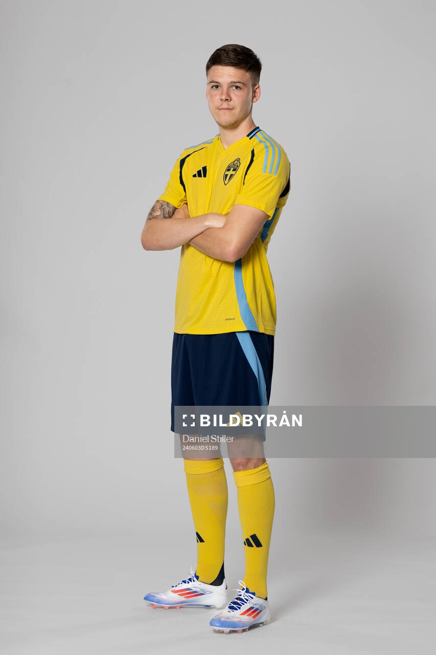 Emil Holm of the Swedish national football team poses for a