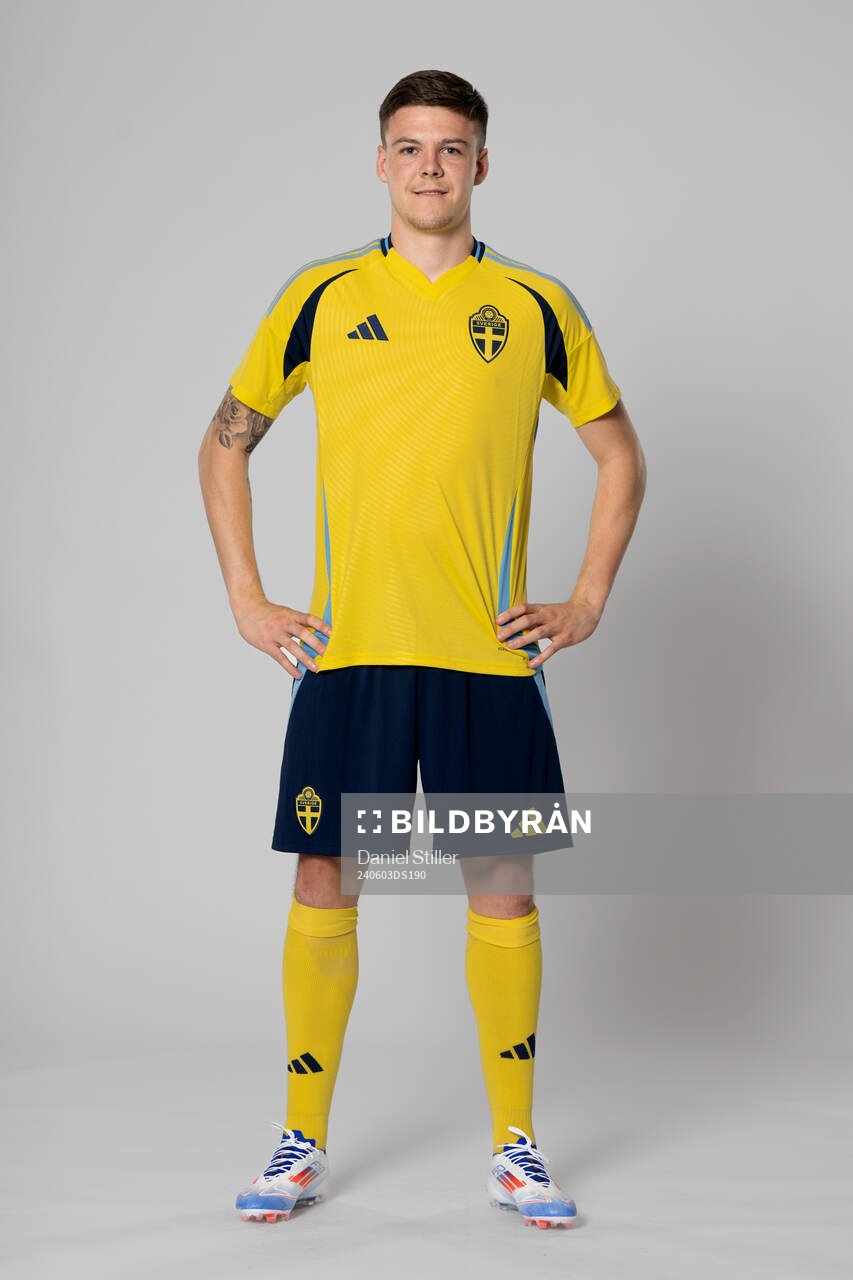 Emil Holm of the Swedish national football team poses for a