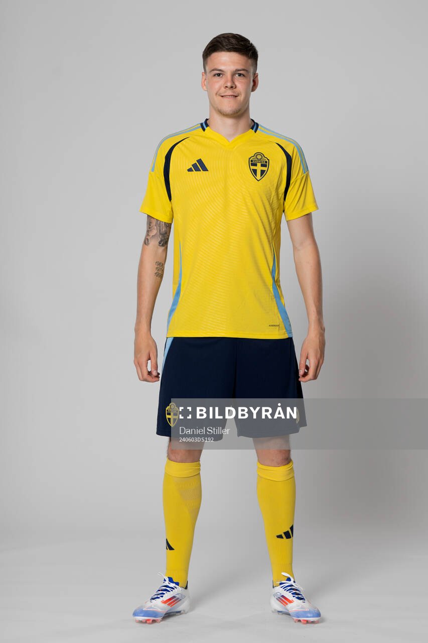 Emil Holm of the Swedish national football team poses for a