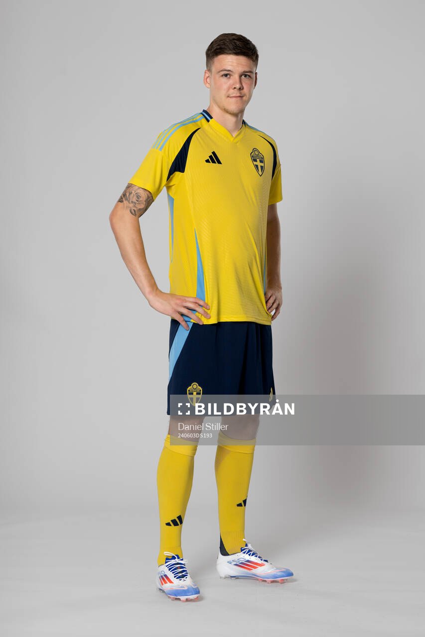 Emil Holm of the Swedish national football team poses for a