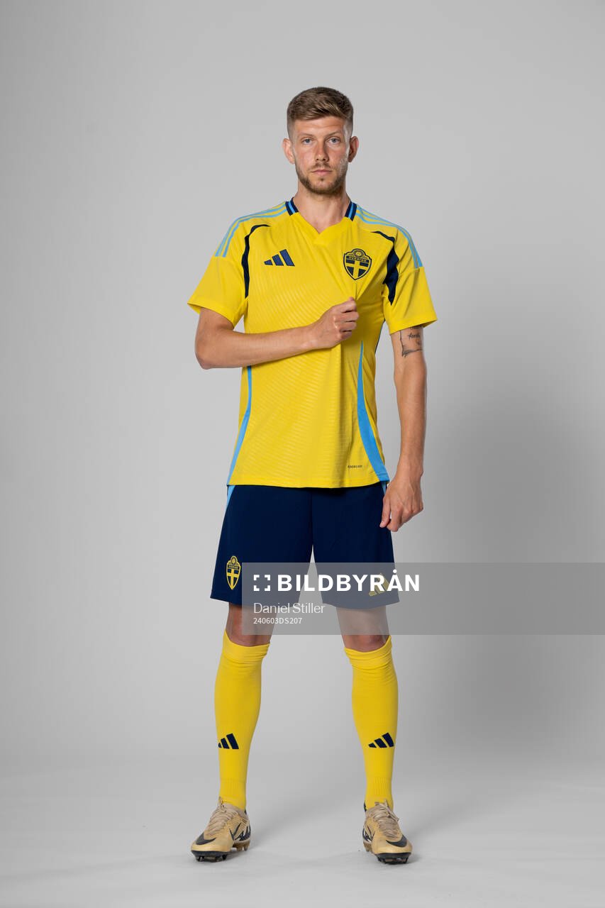 Anton Saletros of the Swedish national football team poses