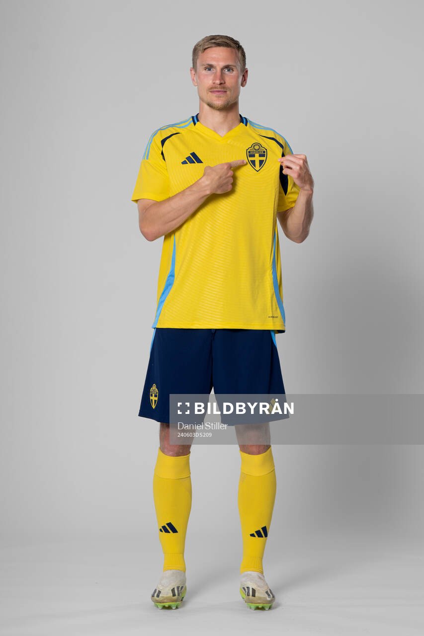 Carl Starfelt of the Swedish national football team poses