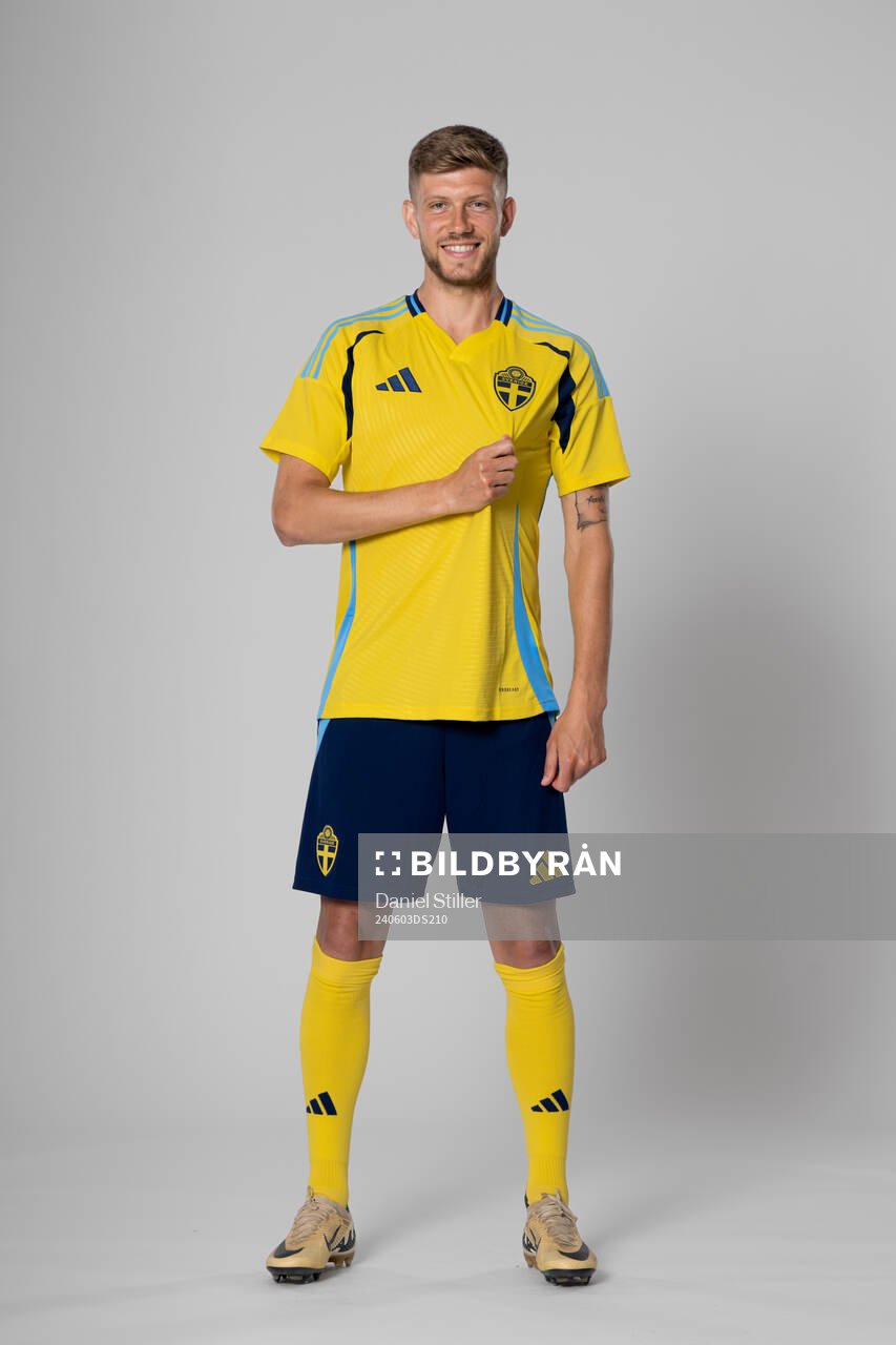 Anton Saletros of the Swedish national football team poses