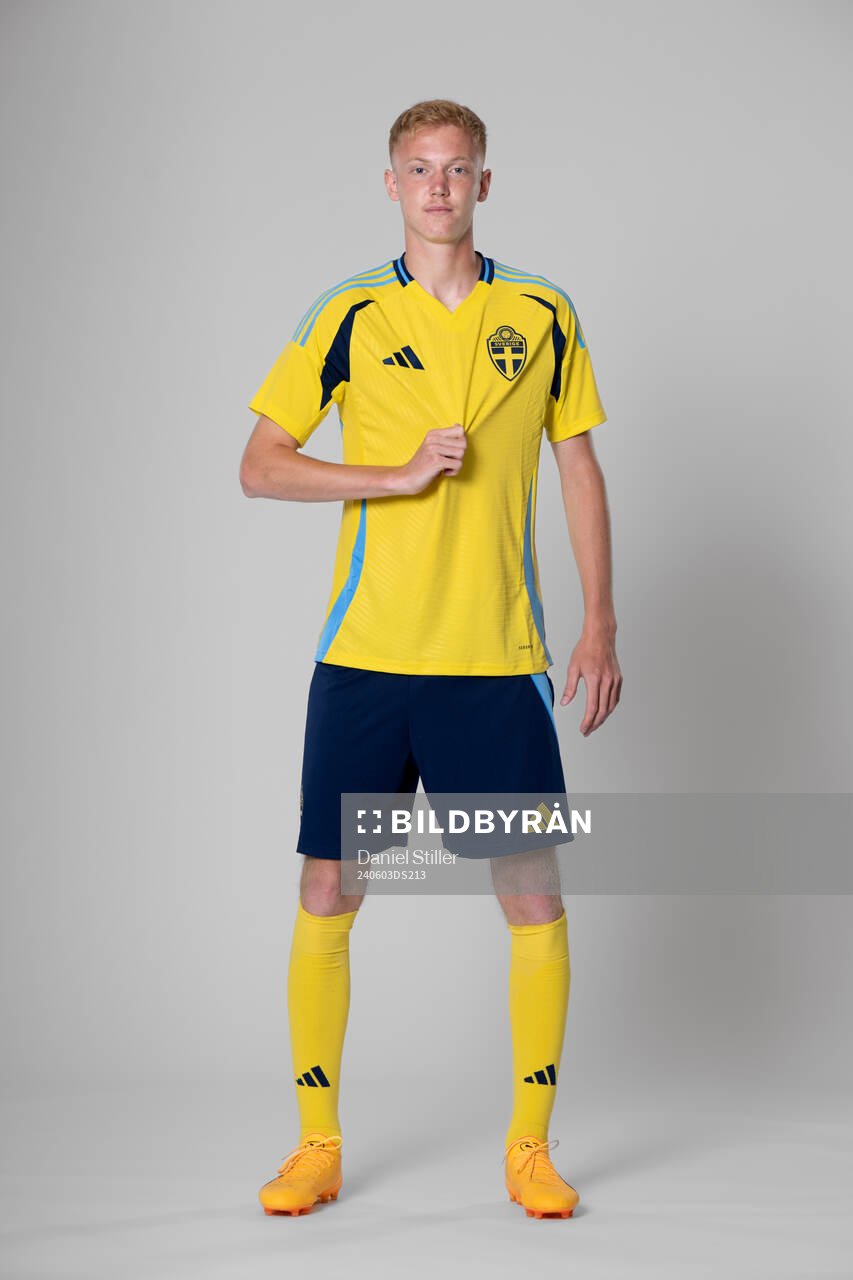 Hugo Larsson of the Swedish national football team poses