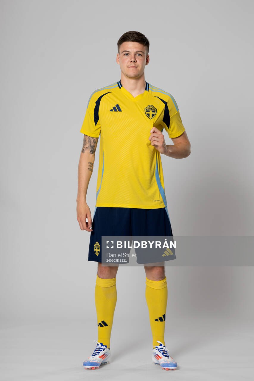 Emil Holm of the Swedish national football team poses for a