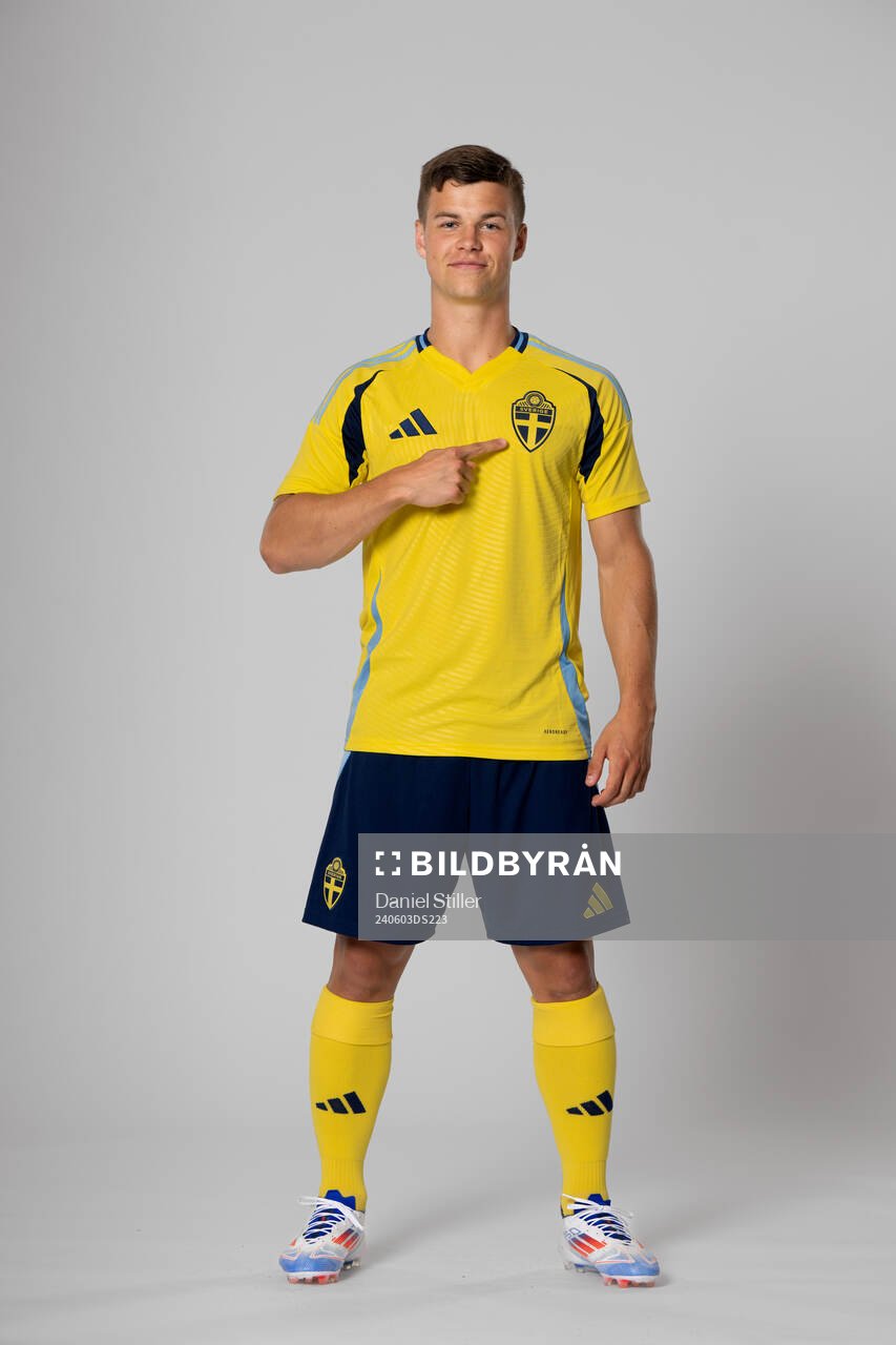 Samuel Dahl of the Swedish national football team poses for