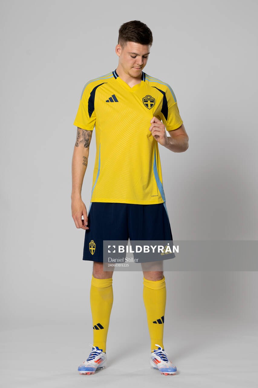 Emil Holm of the Swedish national football team poses for a