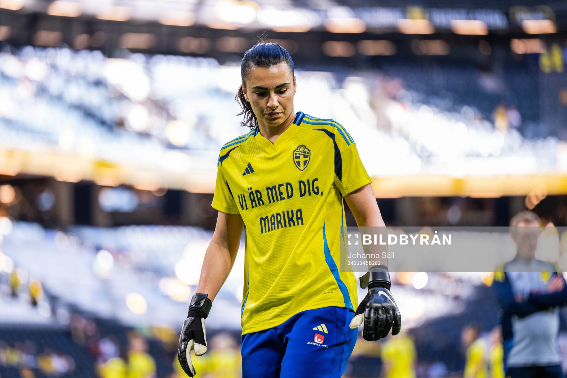 Goalkeeper Zecira Musovic of Sweden, with a warm up shirt
