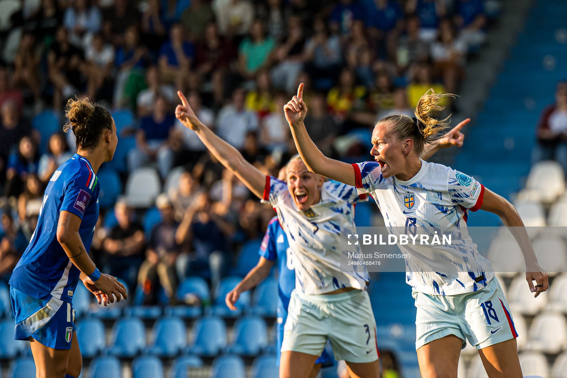 Frida Maanum of Norway celebrates after scoring the 1-1 goal during the UEFA Women's Euro Qualifier football match between Italy and Norway on June 4, 2024 in Ferrara.