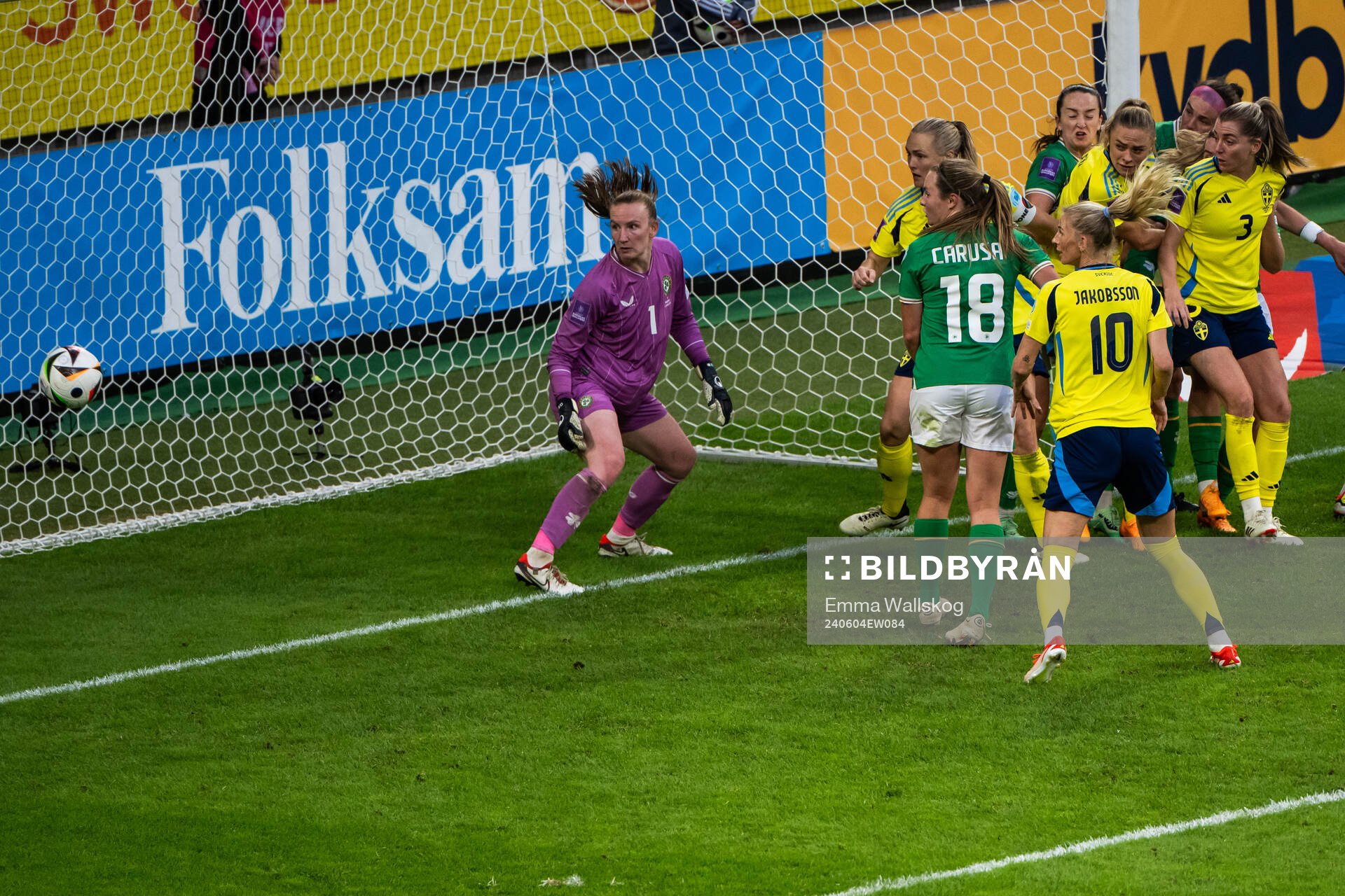Magdalena Eriksson of Sweden scores 1-0 behind goalkeeper Courtney Brosnan of Republic of Ireland during the UEFA Women's Euro Qualifying football match between Sweden and Ireland on June 4, 2024 in Stockholm.