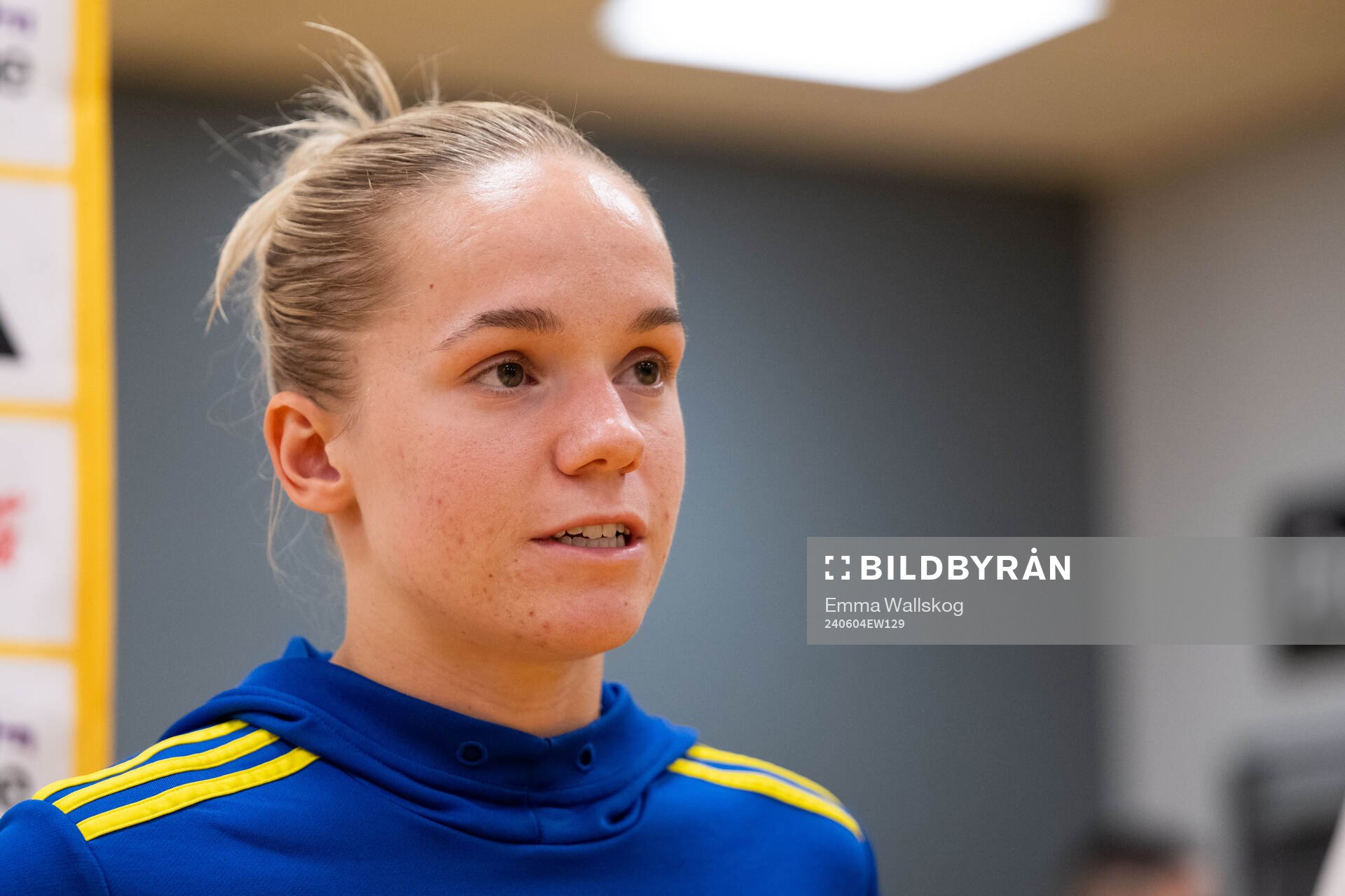 Hanna Lundkvist of Sweden in mixed zone after the UEFA Women's Euro Qualifying football match between Sweden and Ireland on June 4, 2024 in Stockholm.