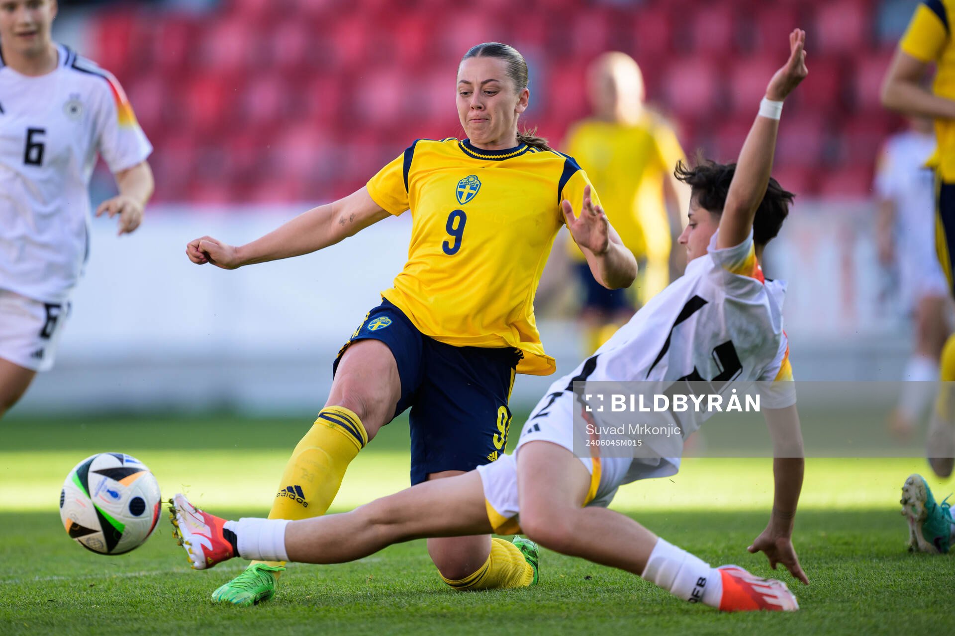 Cornelia Kapocs and Tilde Johansson of Sweden during the women's under-23 international friendly football match between Sweden and Germany on June 4, 2024 in Växjö.