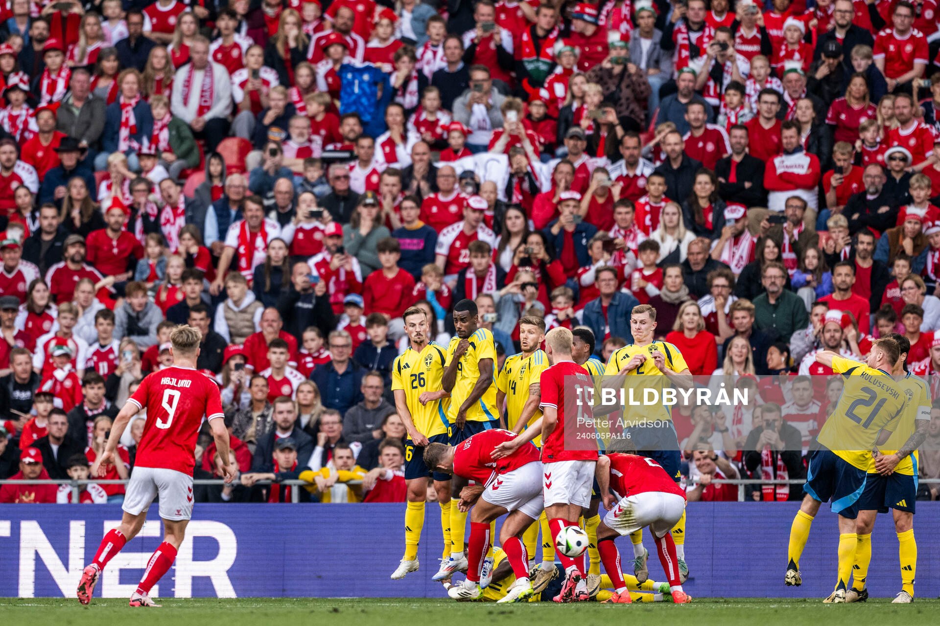 Simon Olsson, Alexander Isak, Anton Salétros and Emil Krafth of Sweden during the international friendly football match between Denmark and Sweden on June 5, 2024 in Copenhagen.