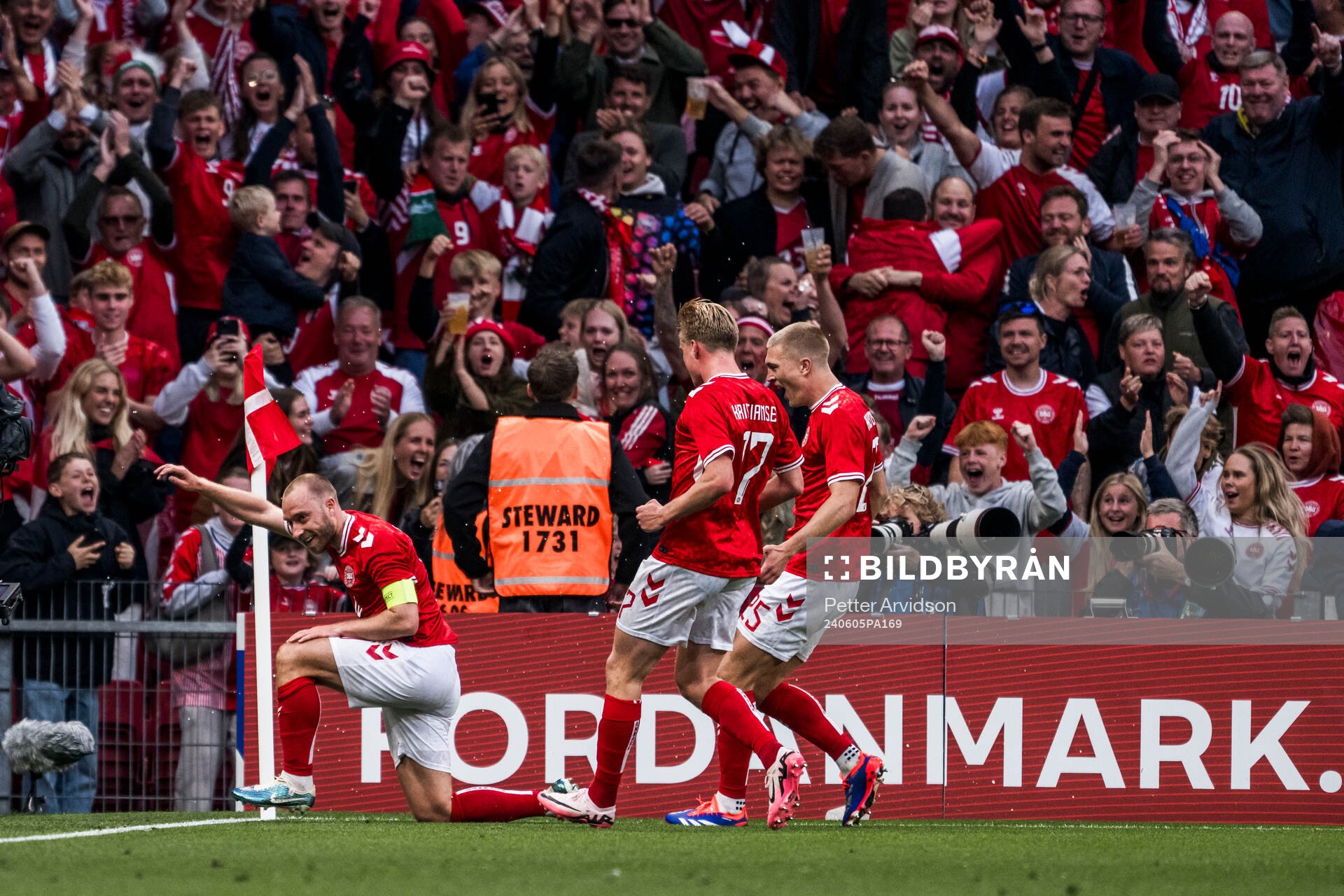 Christian Eriksen of Denmark celebrates after scoring 2-1 during the international friendly football match between Denmark and Sweden on June 5, 2024 in Copenhagen.
