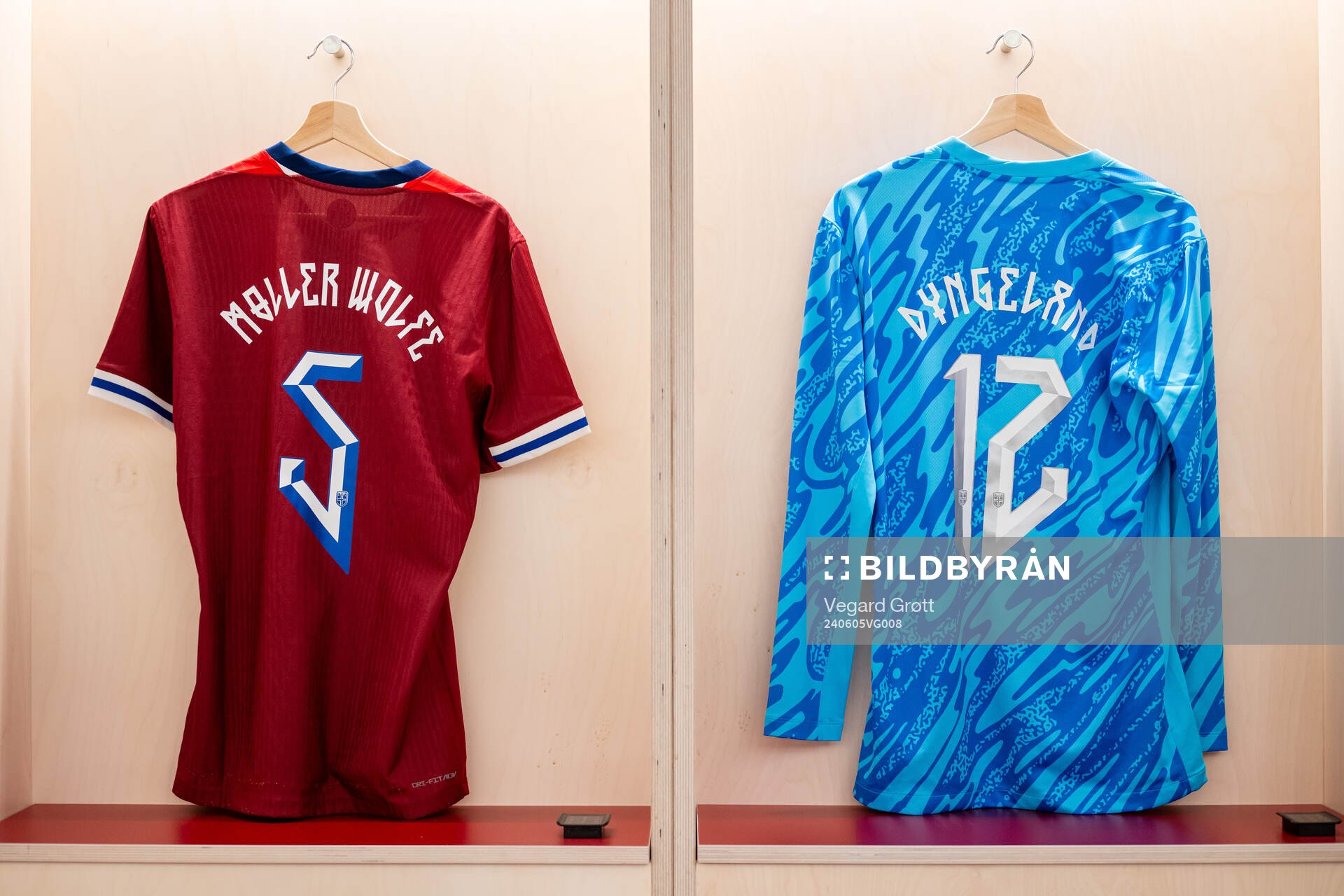 The kits of David Møller Wolfe and goalkeeper Mathias Dyngeland of Norway in the dressing room ahead of international friendly football match between Norway and Kosovo on June 5, 2024 in Oslo.