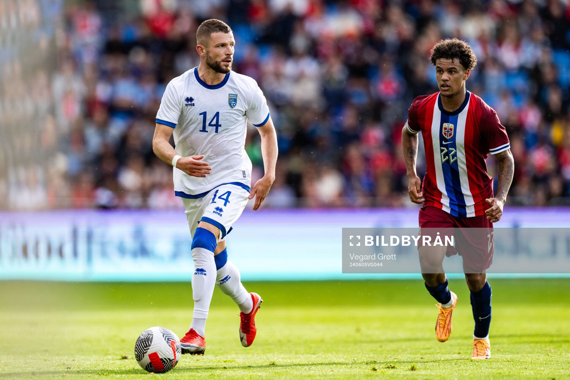 Valon Berisha of Kosovo and Oscar Bobb of Norway during the international friendly football match between Norway and Kosovo on June 5, 2024 in Oslo.