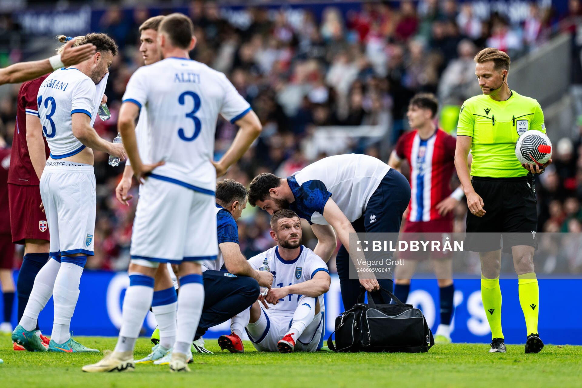 Valon Berisha of Kosovo in pain during the international friendly football match between Norway and Kosovo on June 5, 2024 in Oslo.